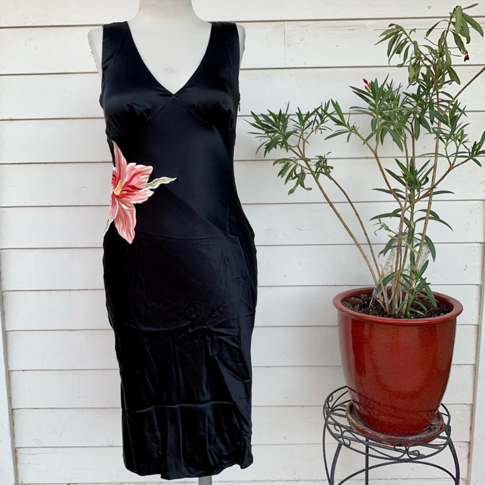 Betsey Johnson Black Midi Dress with Embroidered Florals 8